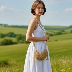 NEW Boho Straw Crescent Crossbody Bag